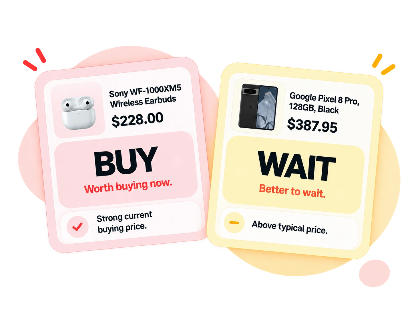 Two WaitToSave results show that one product can be a BUY while another is a WAIT
