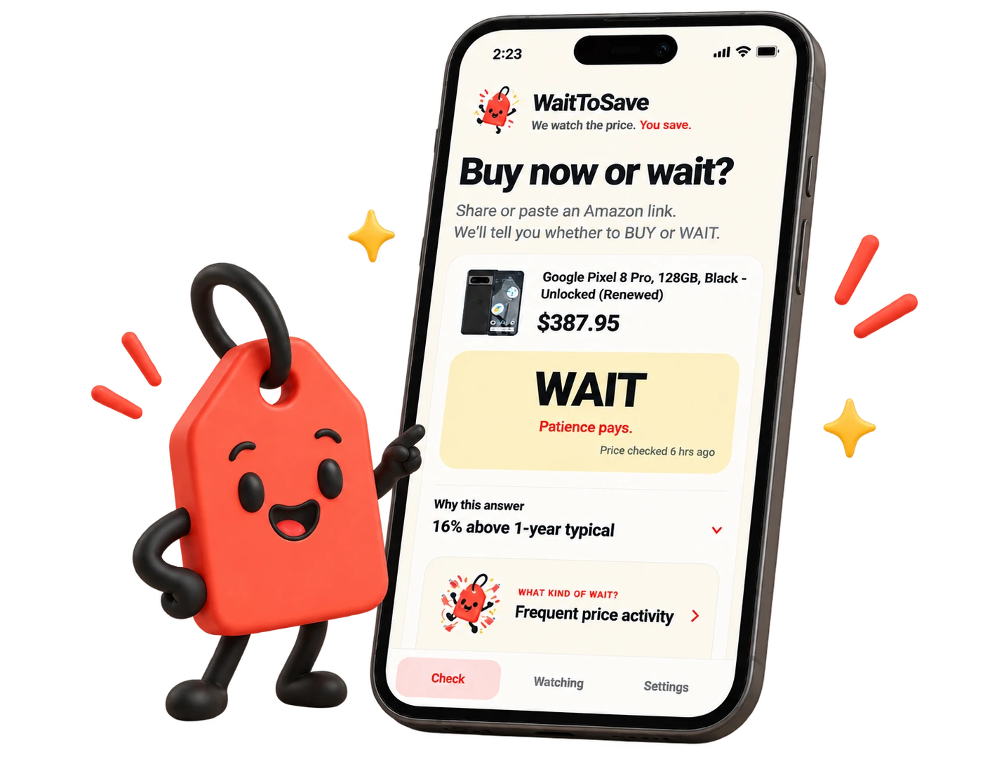 WaitToSave shows a clear WAIT result for a product